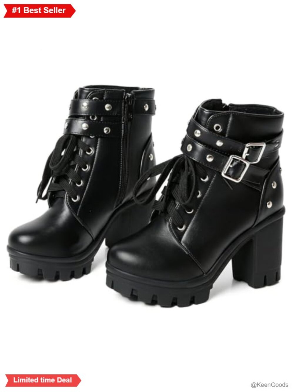 Platform Combat Boots Chunky Block Heel Ankle Booties Buckle Rivets Zip